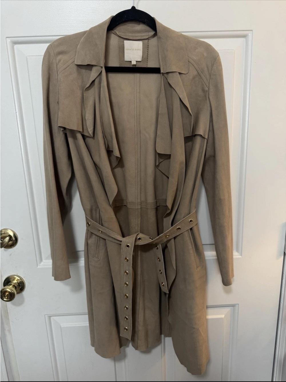 Gerard Darel Suede Taupe Open Belted Trench Coat Size 38 US Size 6